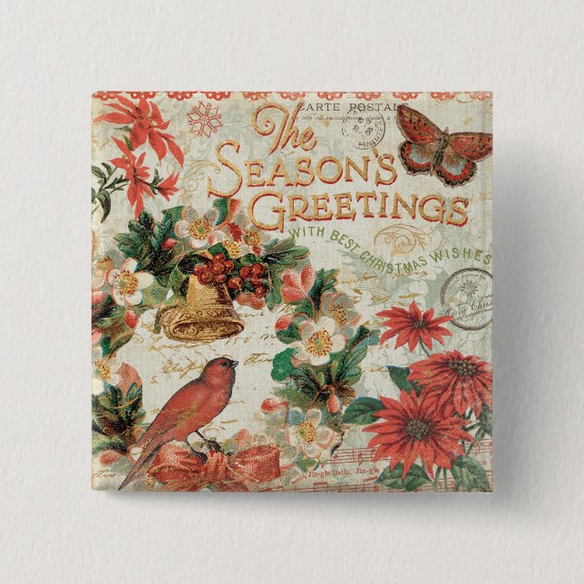 Vintage Christmas Season's Greetings 2 Inch Square Button (Front)