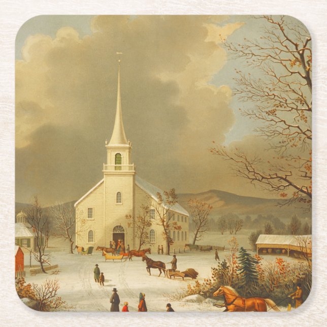 Vintage Christmas Services Painting Square Paper Coaster (Front)