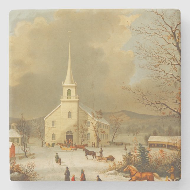 Vintage Christmas Services Painting Stone Coaster (Front)