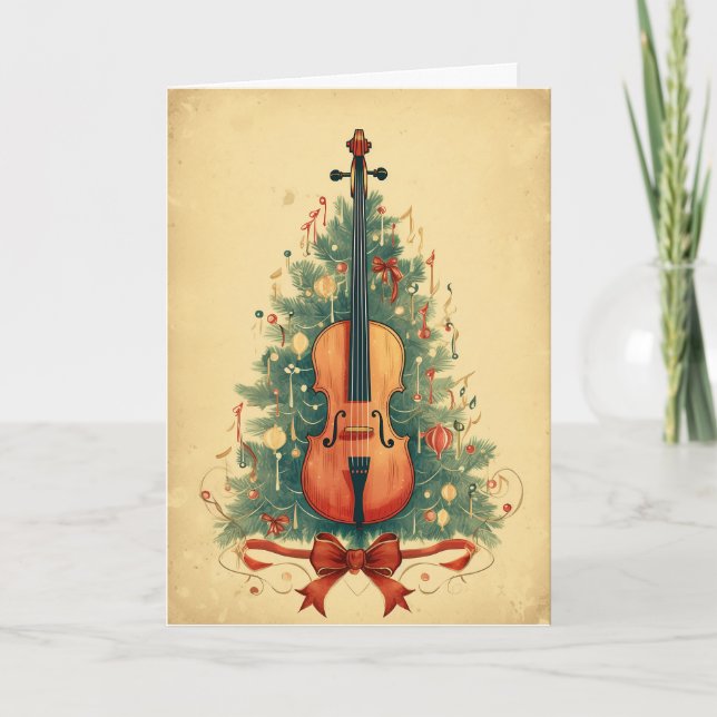 Vintage Christmas Sheet Music and Cello Holiday Card (Front)