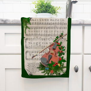 Vintage Christmas Sheet Music with Festive Violin Kitchen Towel