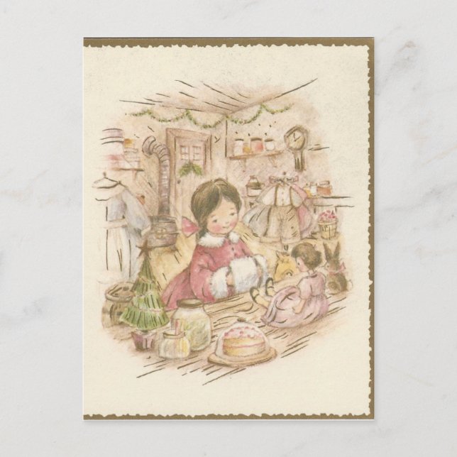 Vintage Christmas Shop Girl Holiday Postcard (Front)
