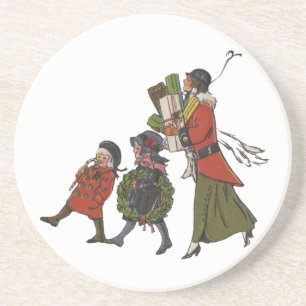 Vintage Christmas Shopping Family Fun Coaster