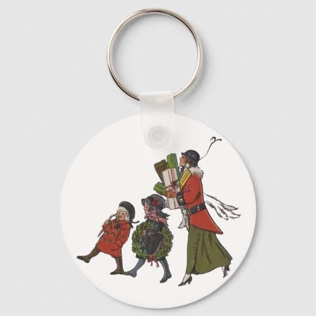 Vintage Christmas Shopping Family Fun Keychain (Front)