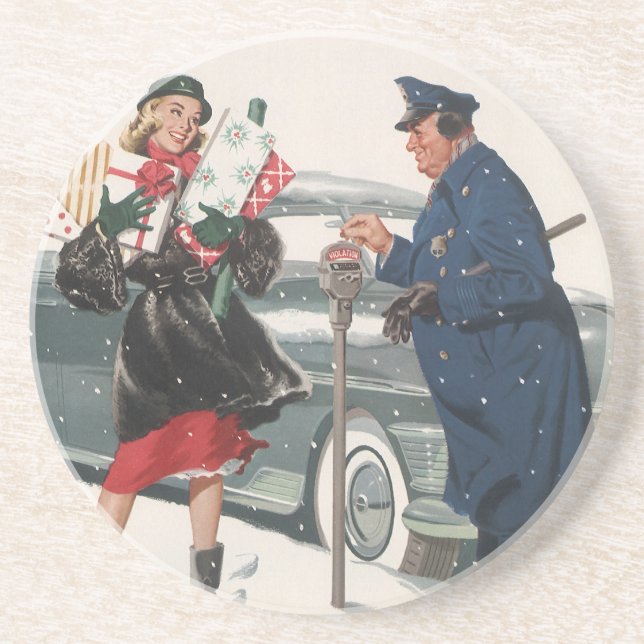 Vintage Christmas, Shopping Presents Policeman Coaster (Front)