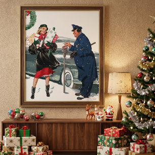 Vintage Christmas, Shopping Presents Policeman Poster