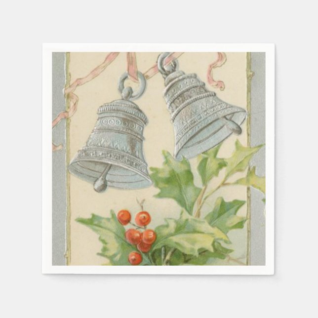 Vintage Christmas Silver Bells & Holly Napkin (Front)