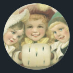 Vintage Christmas Sisters, Victorian Children Classic Round Sticker<br><div class="desc">Vintage illustration Victorian Merry Christmas holiday image featuring three smiling,  happy girls. These best friends forever or siblings are wearing winter clothes with hats and muffs. Long lasting friendship.</div>