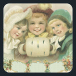 Vintage Christmas Sisters, Victorian Children Square Sticker<br><div class="desc">Vintage illustration Victorian Merry Christmas holiday image featuring three smiling,  happy girls. These best friends forever or siblings are wearing winter clothes with hats and muffs. Long lasting friendship.</div>