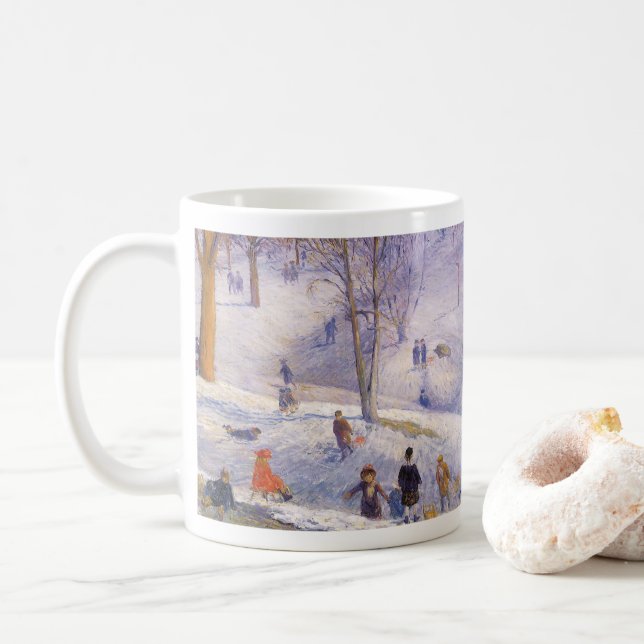 Vintage Christmas, Sledding, Central Park Glackens Coffee Mug (With Donut)
