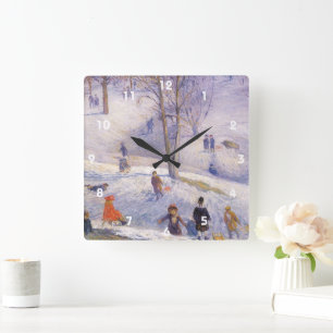 Vintage Christmas, Sledding, Central Park Glackens Square Wall Clock