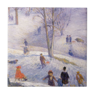 Vintage Christmas, Sledding, Central Park Glackens Tile