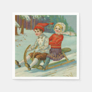Vintage Christmas Sledding with Children Napkin