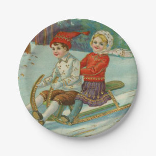 Vintage Christmas Sledding with Children Paper Plate