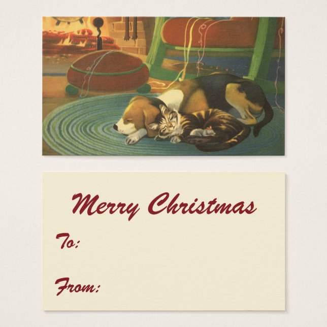 Vintage Christmas, Sleeping Animals by Fireplace (Front & Back)