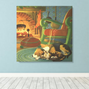 Vintage Christmas, Sleeping Animals by Fireplace Canvas Print