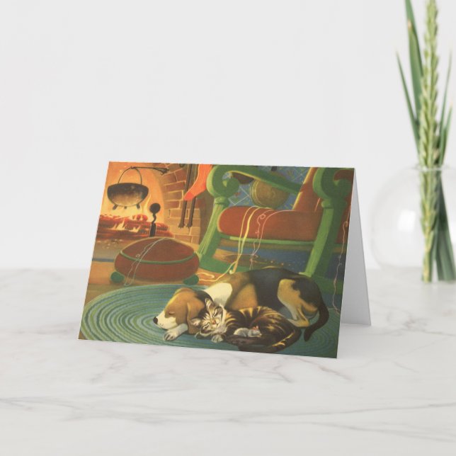 Vintage Christmas, Sleeping Animals by Fireplace Holiday Card (Front)