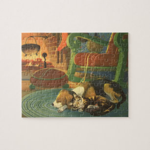 Vintage Christmas, Sleeping Animals by Fireplace Jigsaw Puzzle