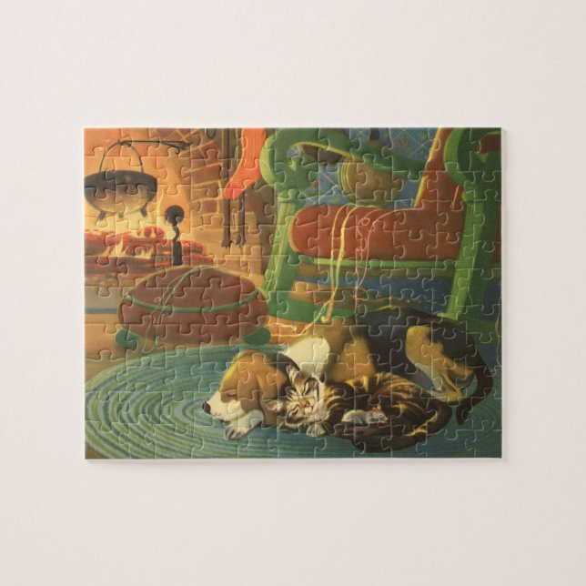 Vintage Christmas, Sleeping Animals by Fireplace Jigsaw Puzzle (Horizontal)