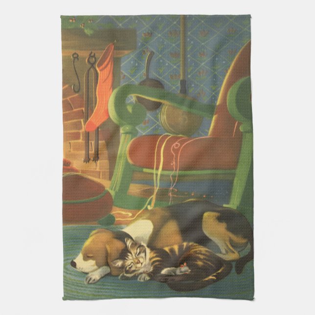 Vintage Christmas, Sleeping Animals by Fireplace Kitchen Towel (Vertical)