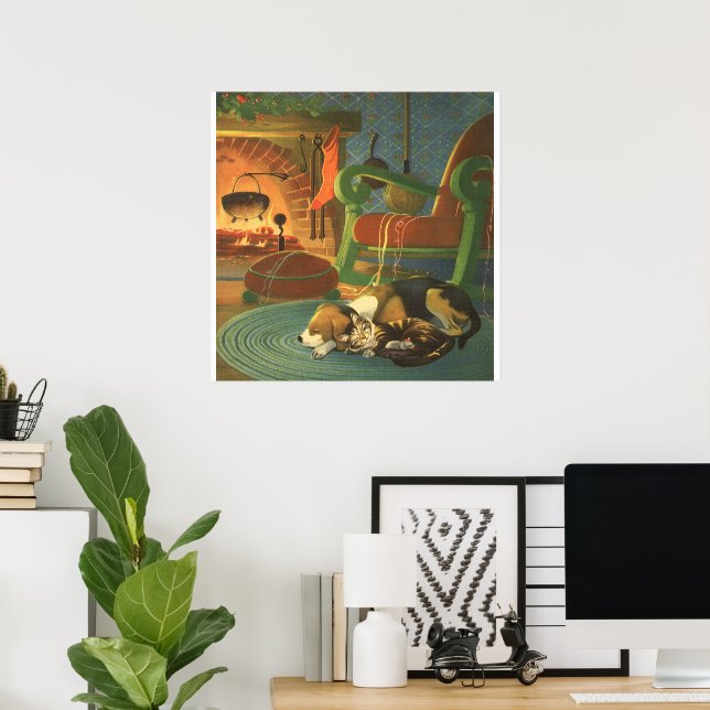 Vintage Christmas, Sleeping Animals by Fireplace Poster (Home Office)