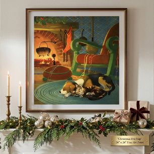 Vintage Christmas, Sleeping Animals by Fireplace Poster