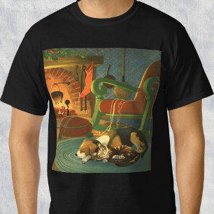 Vintage Christmas, Sleeping Animals by Fireplace T-Shirt