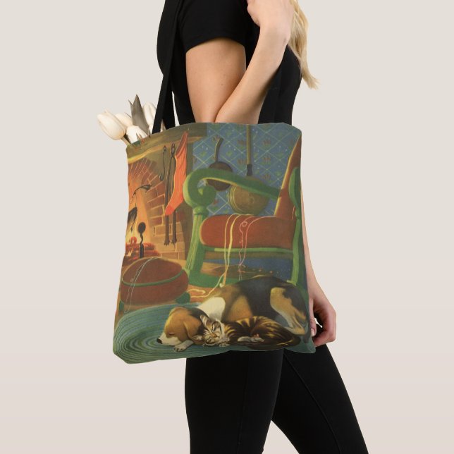 Vintage Christmas, Sleeping Animals by Fireplace Tote Bag (Close Up)