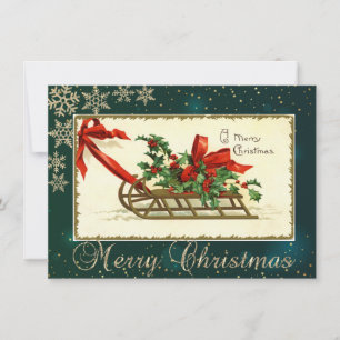 Vintage Christmas Sleigh,Mistletoe Snowflakes Holiday Card