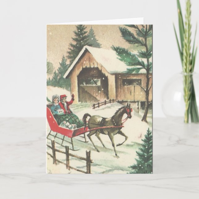 Vintage Christmas Sleigh Ride Holiday Card (Front)