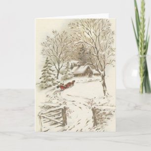 Vintage Christmas Sleigh Ride In Snow Holiday Card