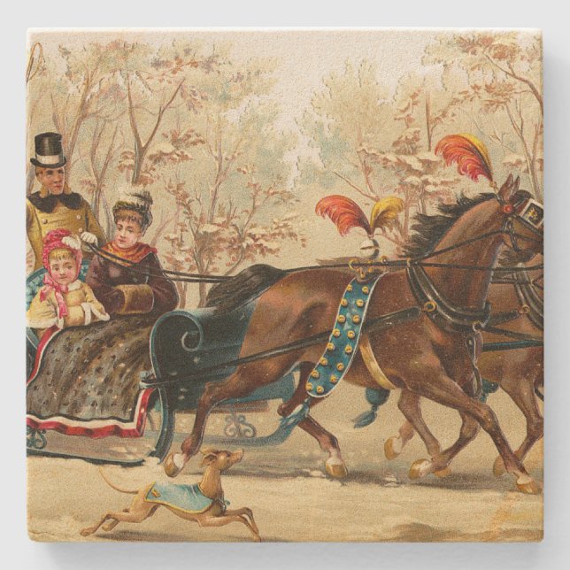 Vintage Christmas Sleigh Ride Stone Coaster (Front)