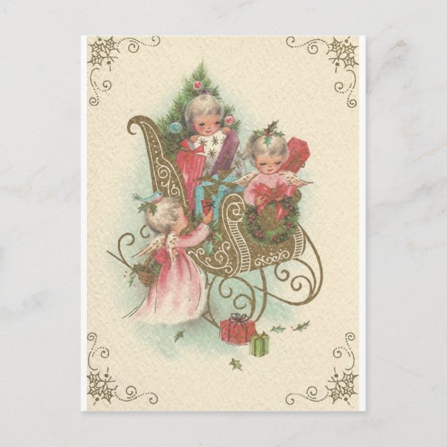 Vintage Christmas Sleigh With Angels Holiday Postcard (Front)
