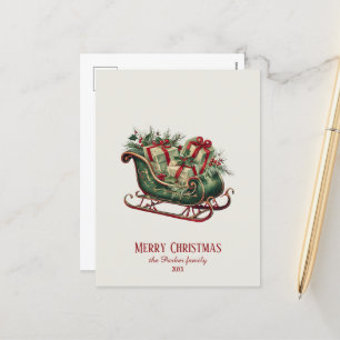 Vintage Christmas Sleigh with Gifts and Greenery Holiday Postcard