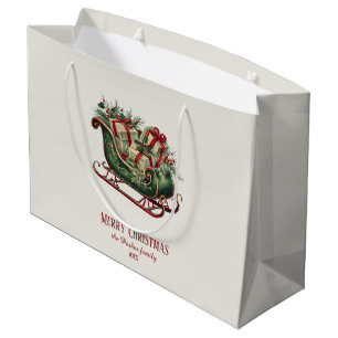 Vintage Christmas Sleigh with Gifts and Greenery  Large Gift Bag