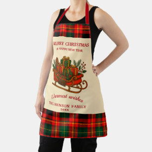 Vintage Christmas Sleigh with Gifts and Plaid  Apron