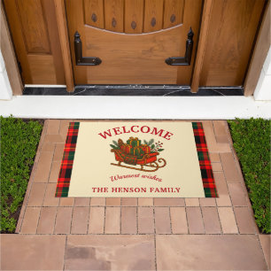 Vintage Christmas Sleigh with Gifts and Plaid  Doormat