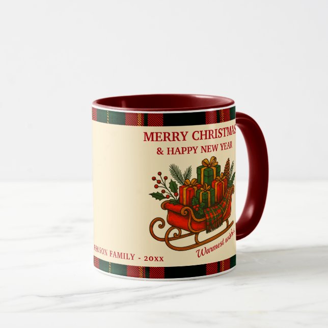 Vintage Christmas Sleigh with Gifts and Plaid  Mug (Front Right)