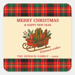 Vintage Christmas Sleigh with Gifts and Plaid  Square Sticker