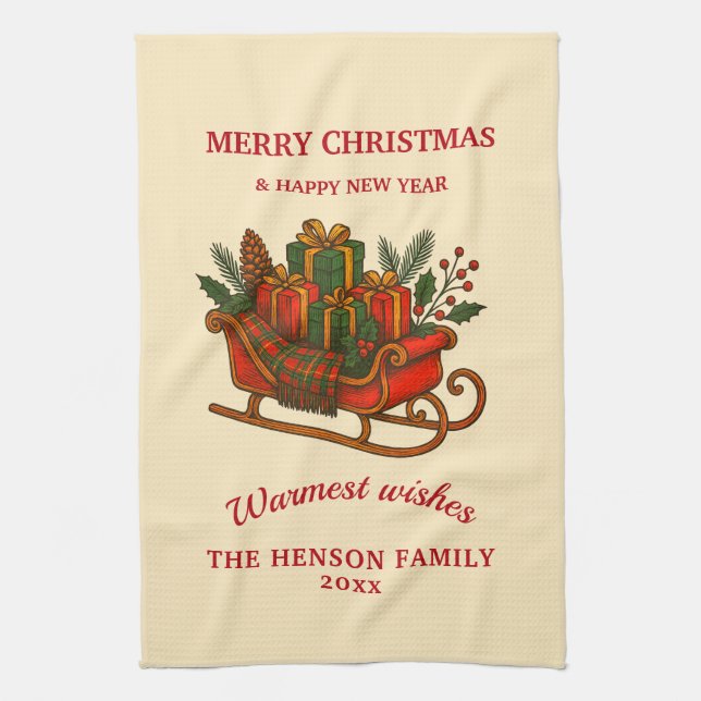 Vintage Christmas Sleigh with Gifts  Kitchen Towel (Vertical)