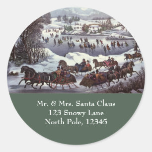 Vintage Christmas Sleighs, Central Park in Winter Classic Round Sticker