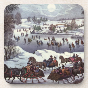 Vintage Christmas Sleighs, Central Park in Winter Coaster