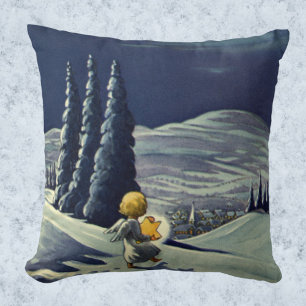 Vintage Christmas, Snow Angel Walking with a Star Throw Pillow