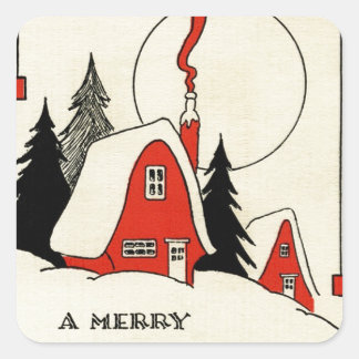 Vintage Christmas Snow Cabin Square Sticker