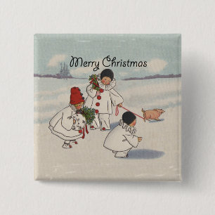 Vintage Christmas Snow Children Pig 2 Inch Square Button