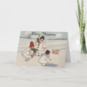 Vintage Christmas Snow Children Pig Holiday Card