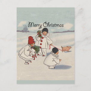 Vintage Christmas Snow Children Pig Holiday Postcard