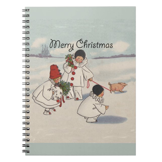 Vintage Christmas Snow Children Pig Notebook (Front)