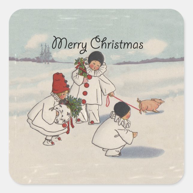 Vintage Christmas Snow Children Pig Square Sticker (Front)