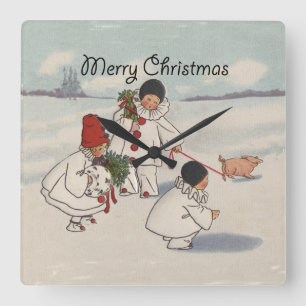 Vintage Christmas Snow Children Pig Square Wall Clock